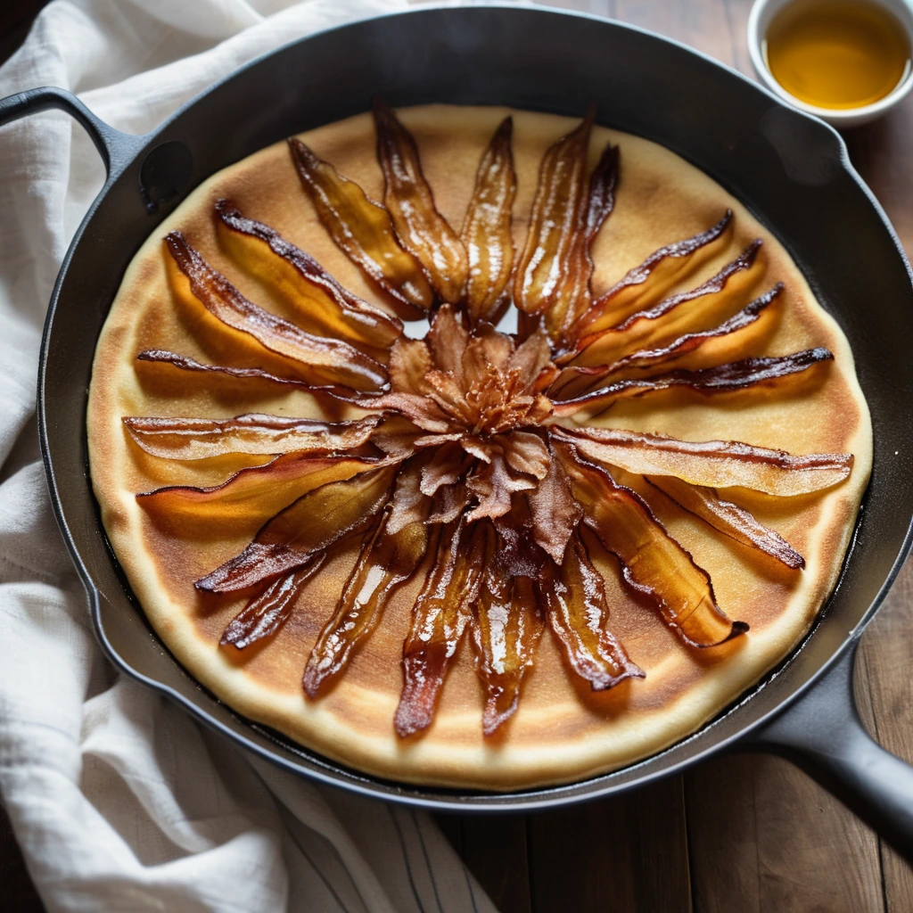 Golden pancakes in a skillet with crispy bacon strips and amber maple syrup drizzled across the top.