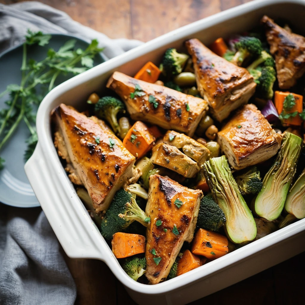 Golden chicken pieces nestled among roasted vegetables in a bubbly, caramelized maple glaze in a casserole dish.