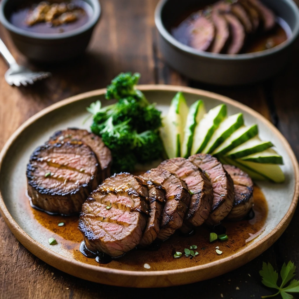 Golden brown pork medallions drizzled with a dark, smoky glaze on a rustic wooden board.