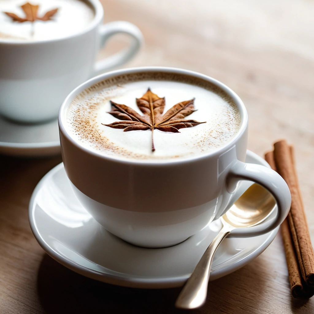 steaming latte in a white mug with cinnamon sprinkled on top