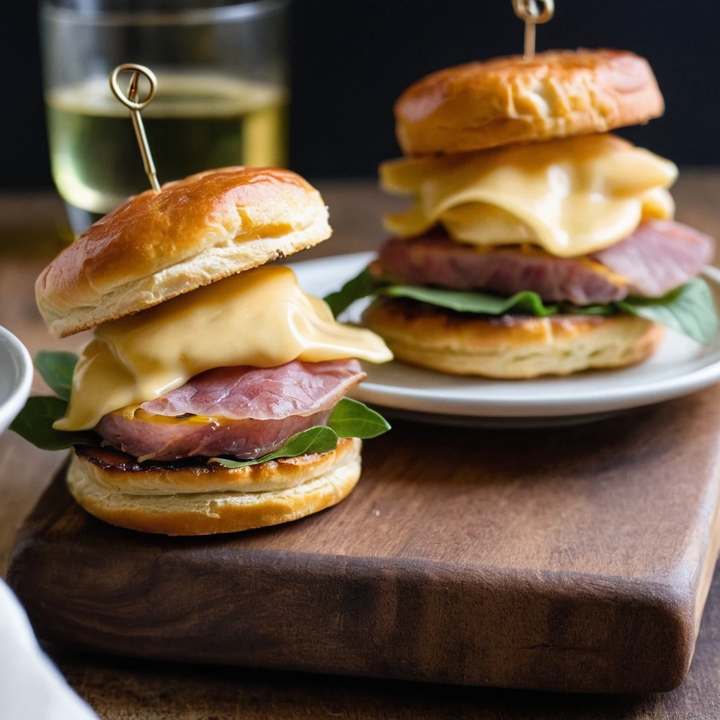 Mini biscuits with ham, cheddar, and a glossy glaze, arranged on a rustic wooden board.