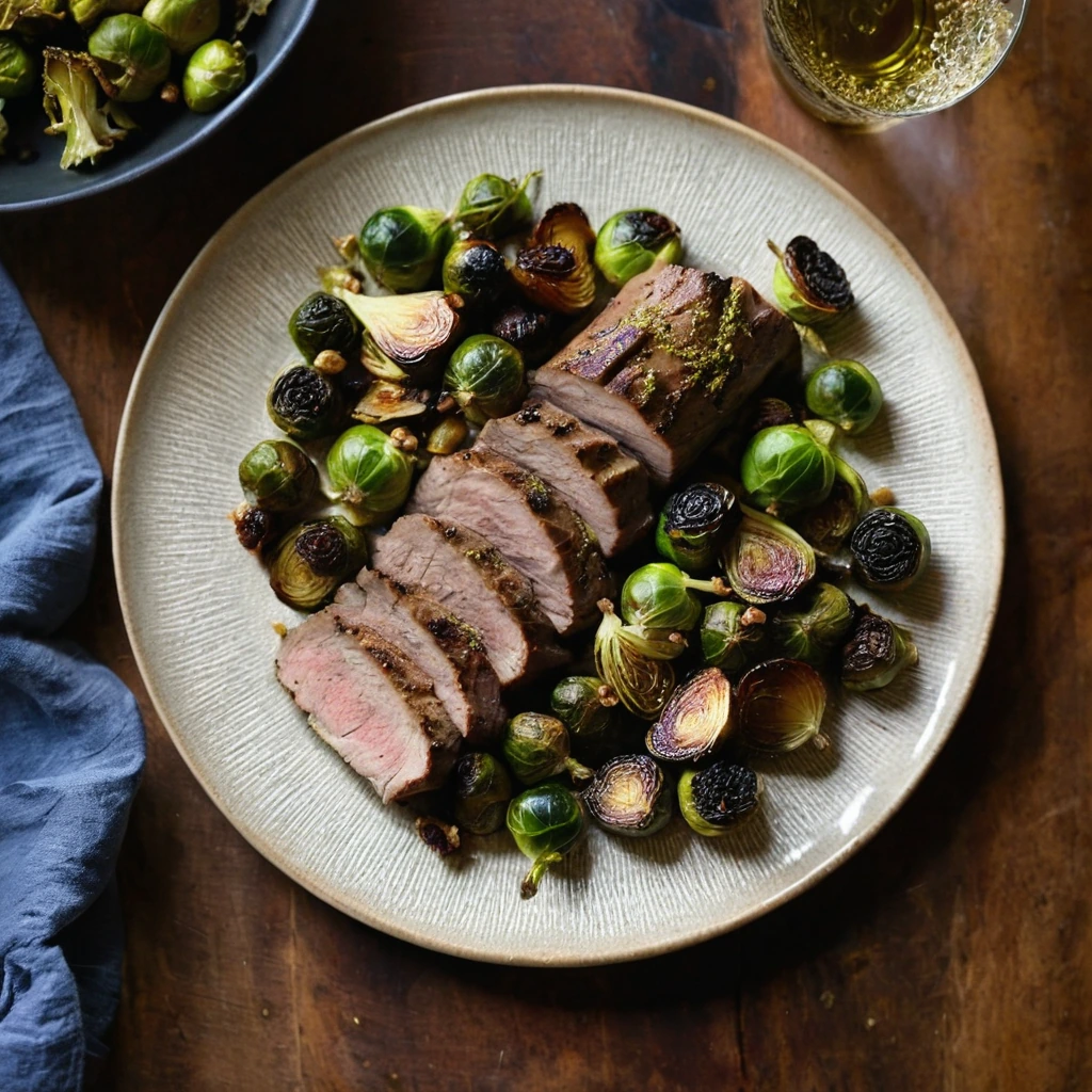 Golden roasted Brussels sprouts surrounding a sliced, glossy maple-dijon glazed pork tenderloin on a rustic platter.