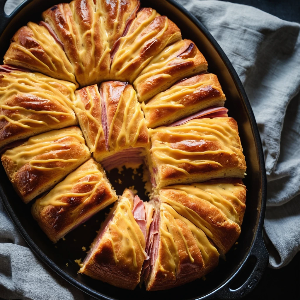Golden brown biscuit bake topped with melted cheddar and caramelized maple glaze, with chunks of ham visible throughout.