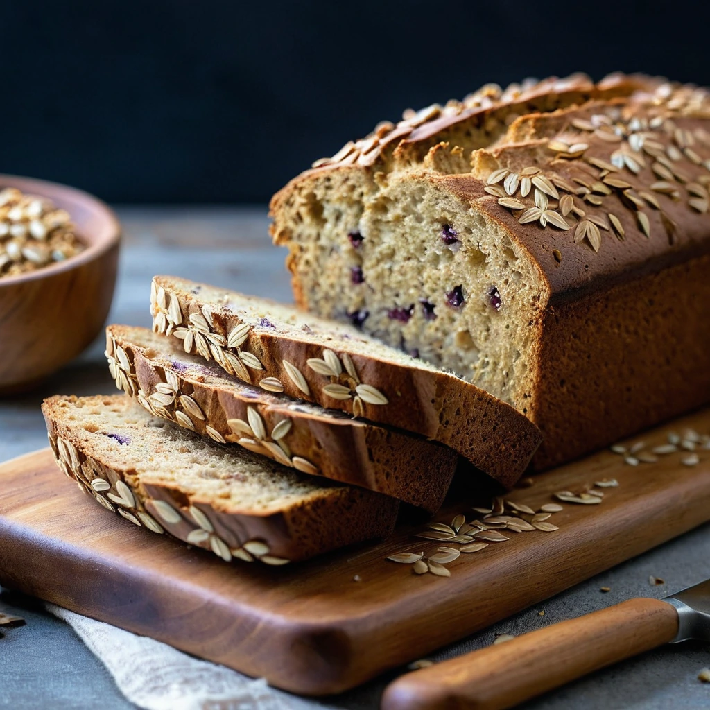 Golden loaf of bread with a sprinkle of oats on top, sliced and arranged on a rustic wooden board.