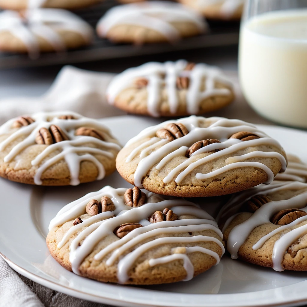 Golden brown cookies with pecan halves on top, drizzled with white vanilla glaze.