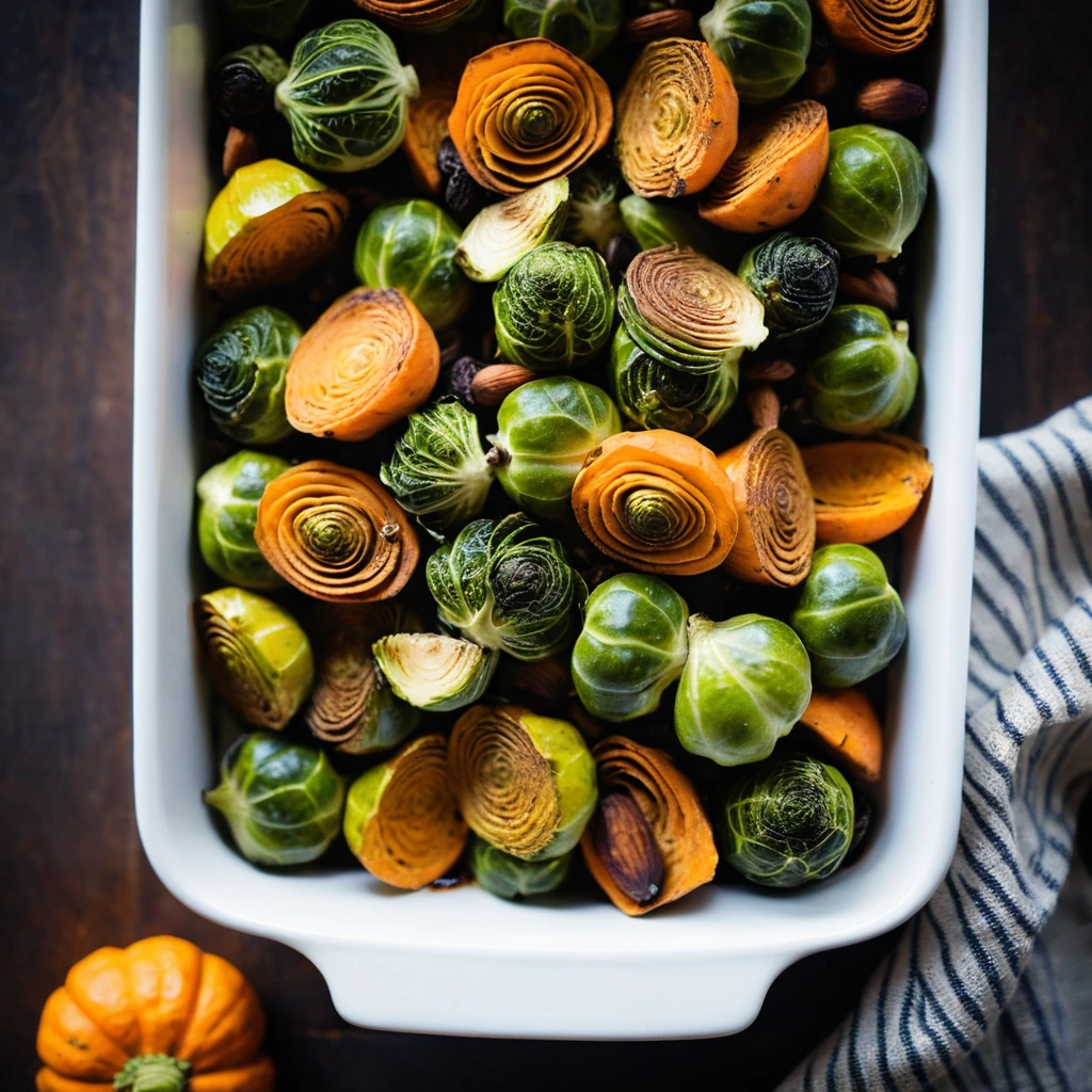 Golden roasted Brussels sprouts and orange sweet potatoes in a casserole dish, drizzled with maple glaze.