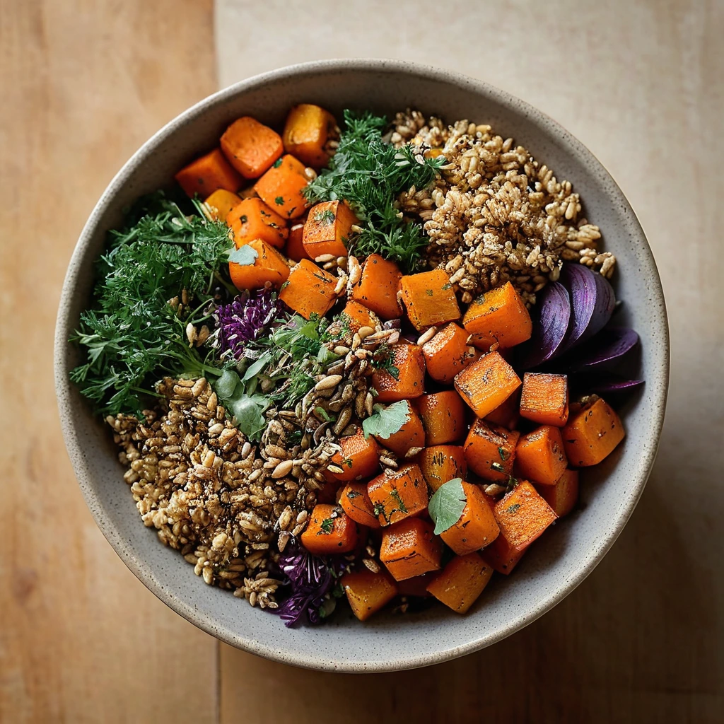 Colorful roasted root vegetables on a bed of golden quinoa with fresh herbs sprinkled on top.
