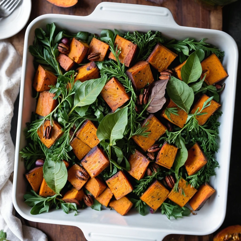 Sheet pan filled with golden roasted sweet potatoes, vibrant greens, and toasted pecans arranged attractively.