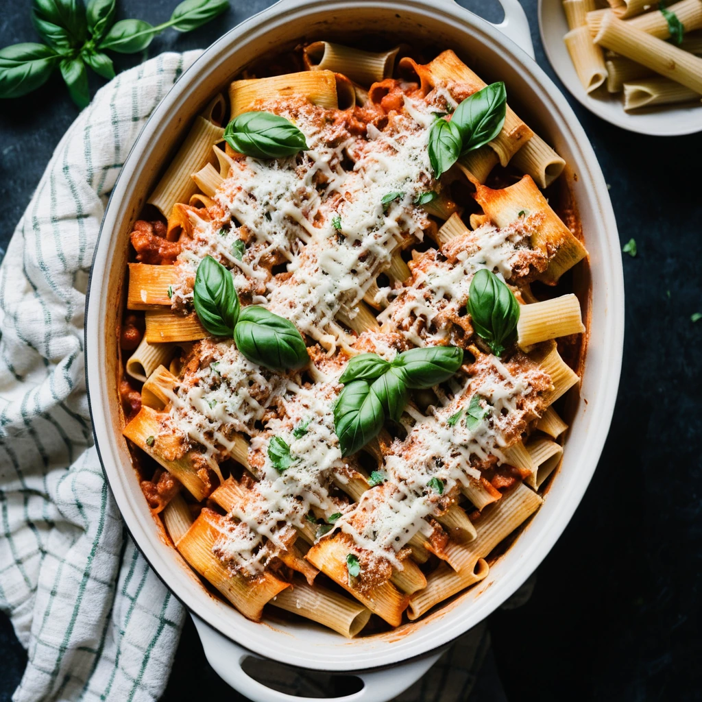 Baked pasta dish with tomato sauce, chicken, and melted cheese in a casserole dish.