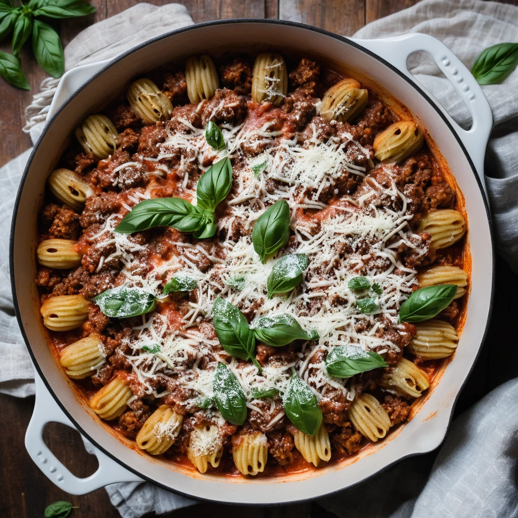 golden-brown bubbly casserole dish filled with gnocchi, ground beef, and marinara sauce, sprinkled with melted mozzarella
