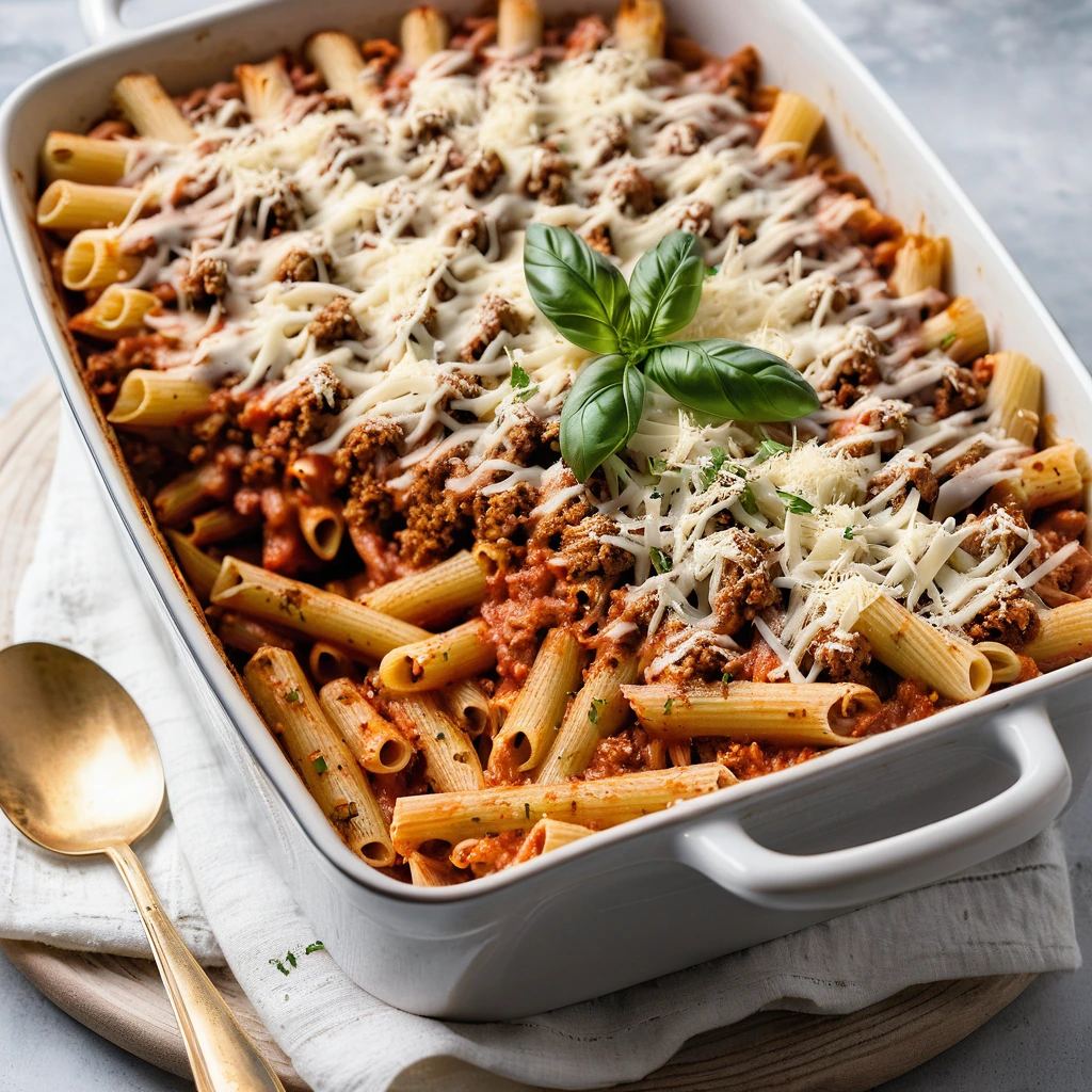 Baked pasta dish with golden bubbly cheese topping, red sauce, and penne noodles in a casserole dish.