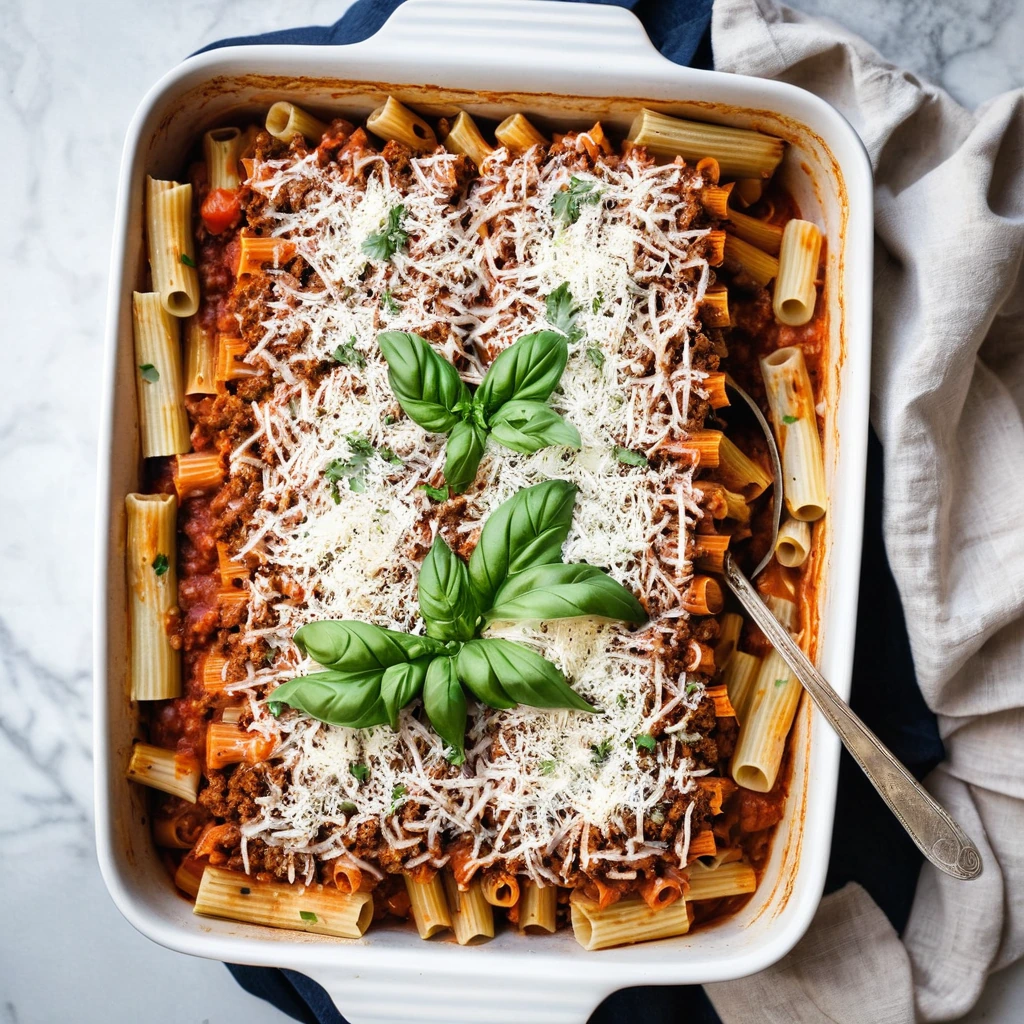 Baked rigatoni pasta covered in marinara sauce and melted cheese in a casserole dish