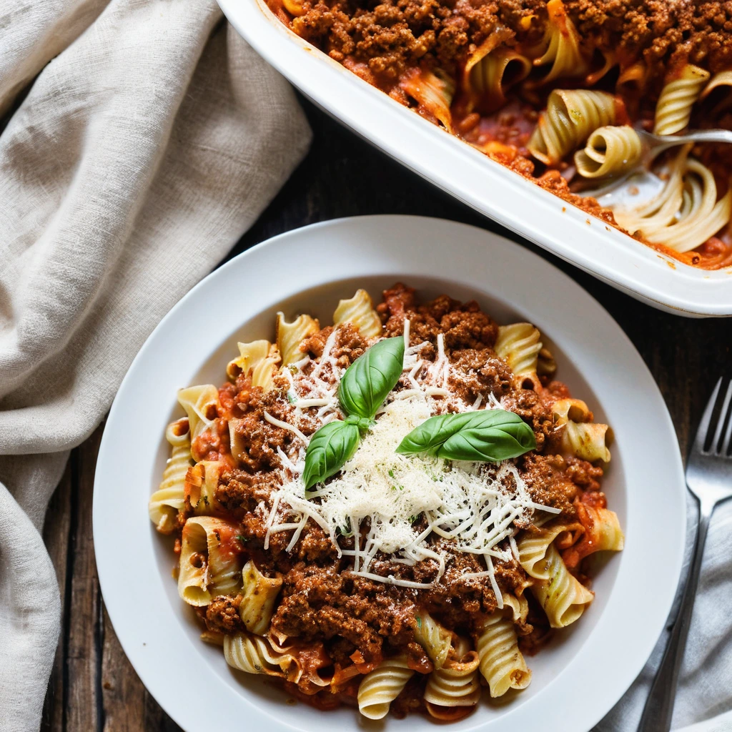Golden bubbly pasta bake with pasta shells in a rich red sauce, topped with melted mozzarella