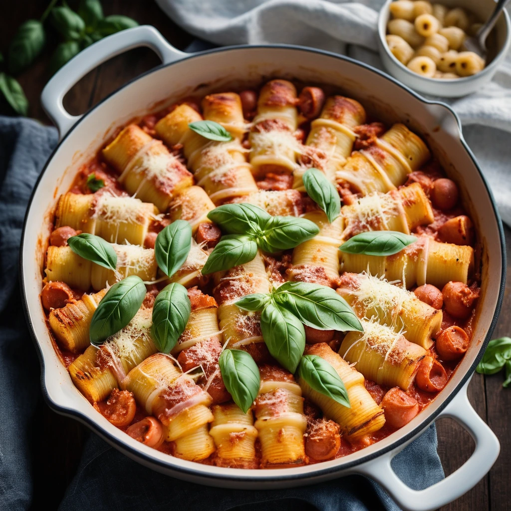 Baked dish with melted cheese on top, red sauce visible around golden gnocchi and diced ham.