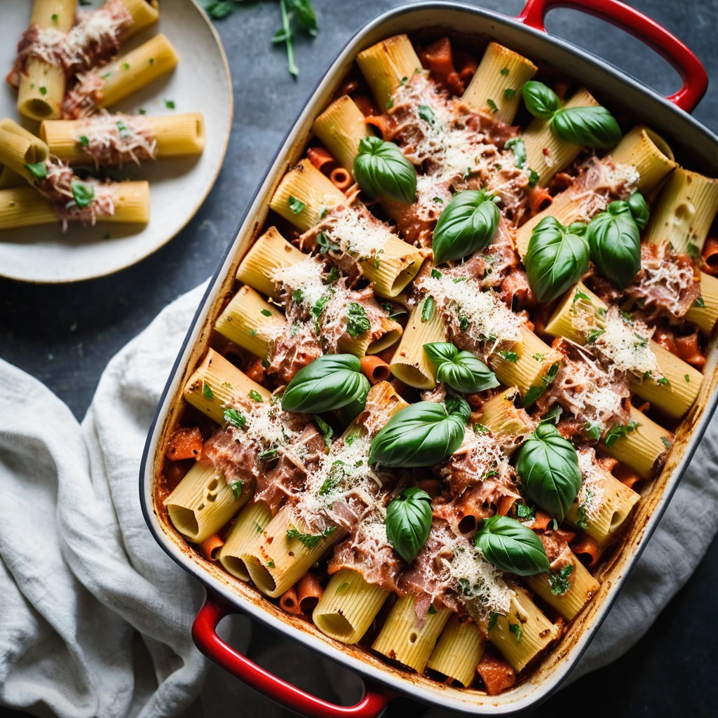 Baked rigatoni pasta in a red sauce with melted cheese and ham chunks, presented in a casserole dish.