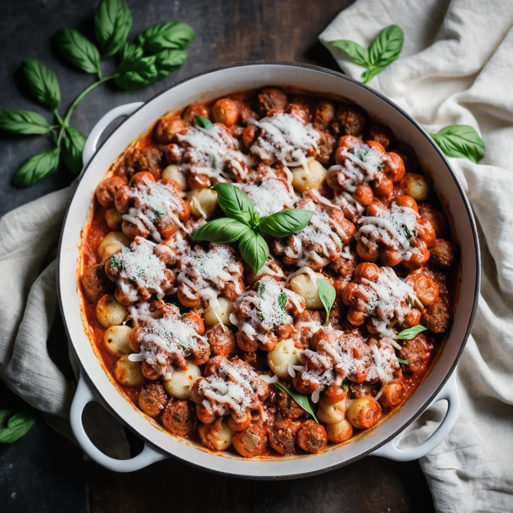 Baked gnocchi covered in marinara sauce, Italian sausage, and melted mozzarella in a casserole dish.