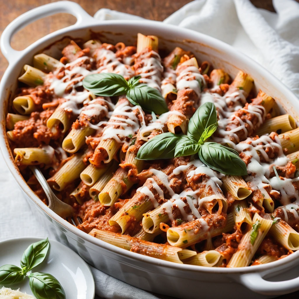 Baked penne pasta with Italian sausage in a red marinara sauce, topped with melted mozzarella cheese.