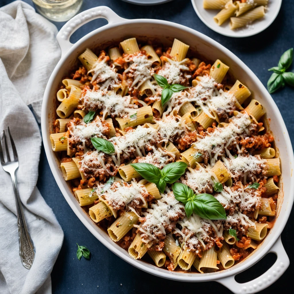 A casserole dish filled with baked pasta shells, Italian sausage, and marinara sauce, topped with melted cheese and breadcrumbs.