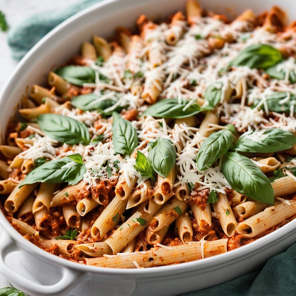 Golden penne pasta baked with ground turkey in a red marinara sauce, topped with melted mozzarella and a sprinkle of parsley in a baking dish.