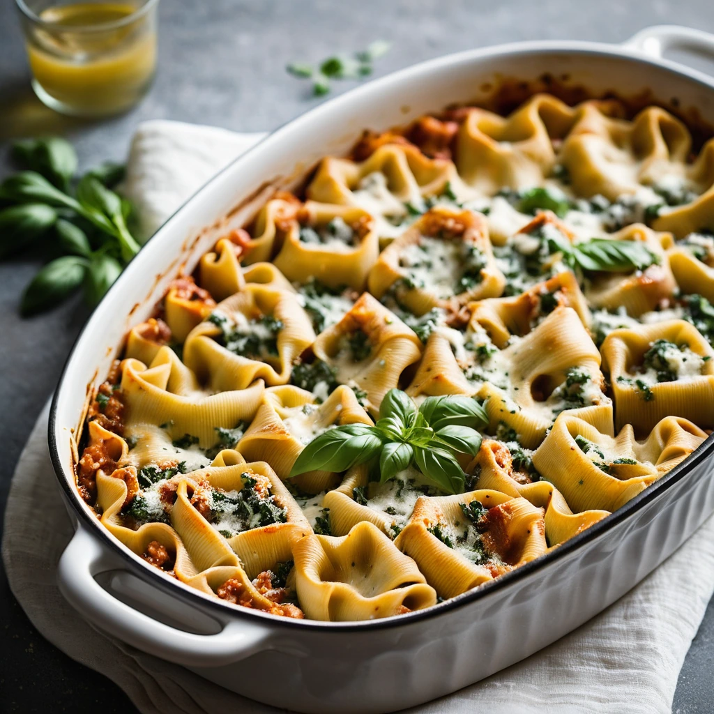 Golden bubbly casserole in a rectangular baking dish with melted cheese on top and flecks of green parsley.