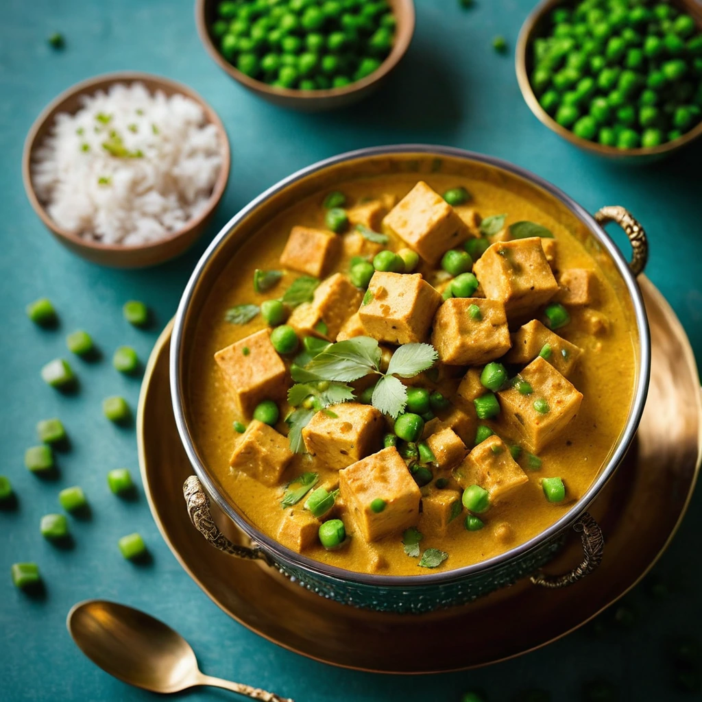 Golden paneer cubes and vibrant green peas in a creamy, golden sauce served in a traditional Indian serving bowl.
