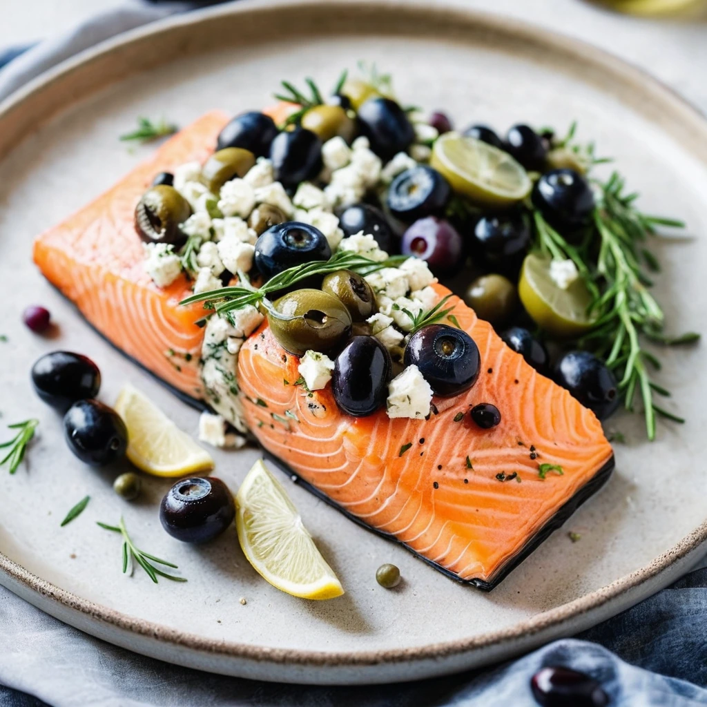 Golden salmon fillet topped with feta and olives on a baking sheet with fresh herbs.