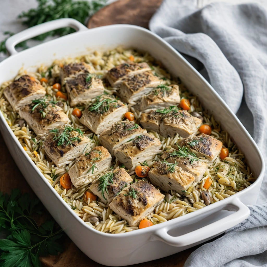 Baked casserole in a rectangular dish with golden top, green herbs, and white orzo visible.