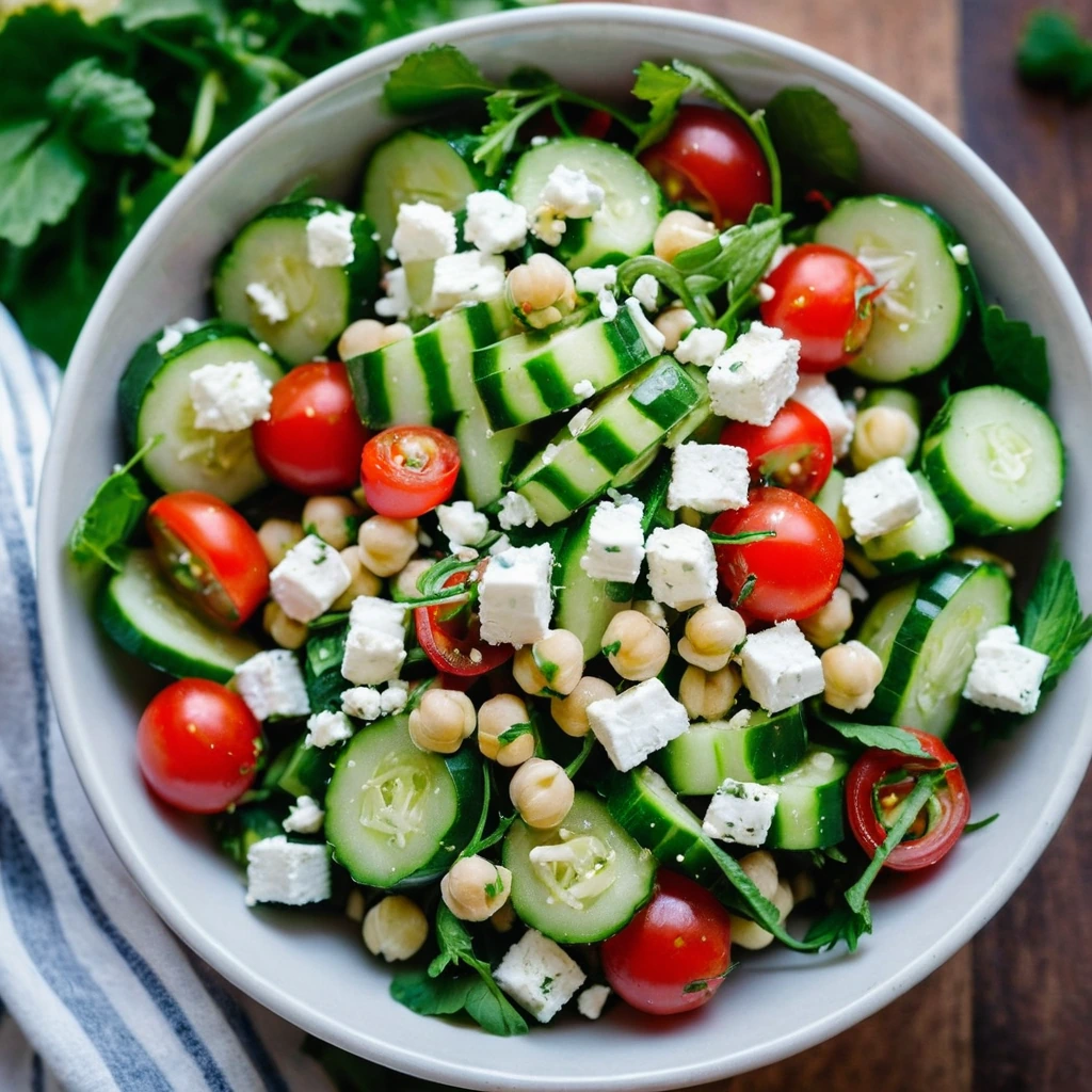 Colorful salad in a bowl with greens, chickpeas, cucumber, feta, and red pepper.