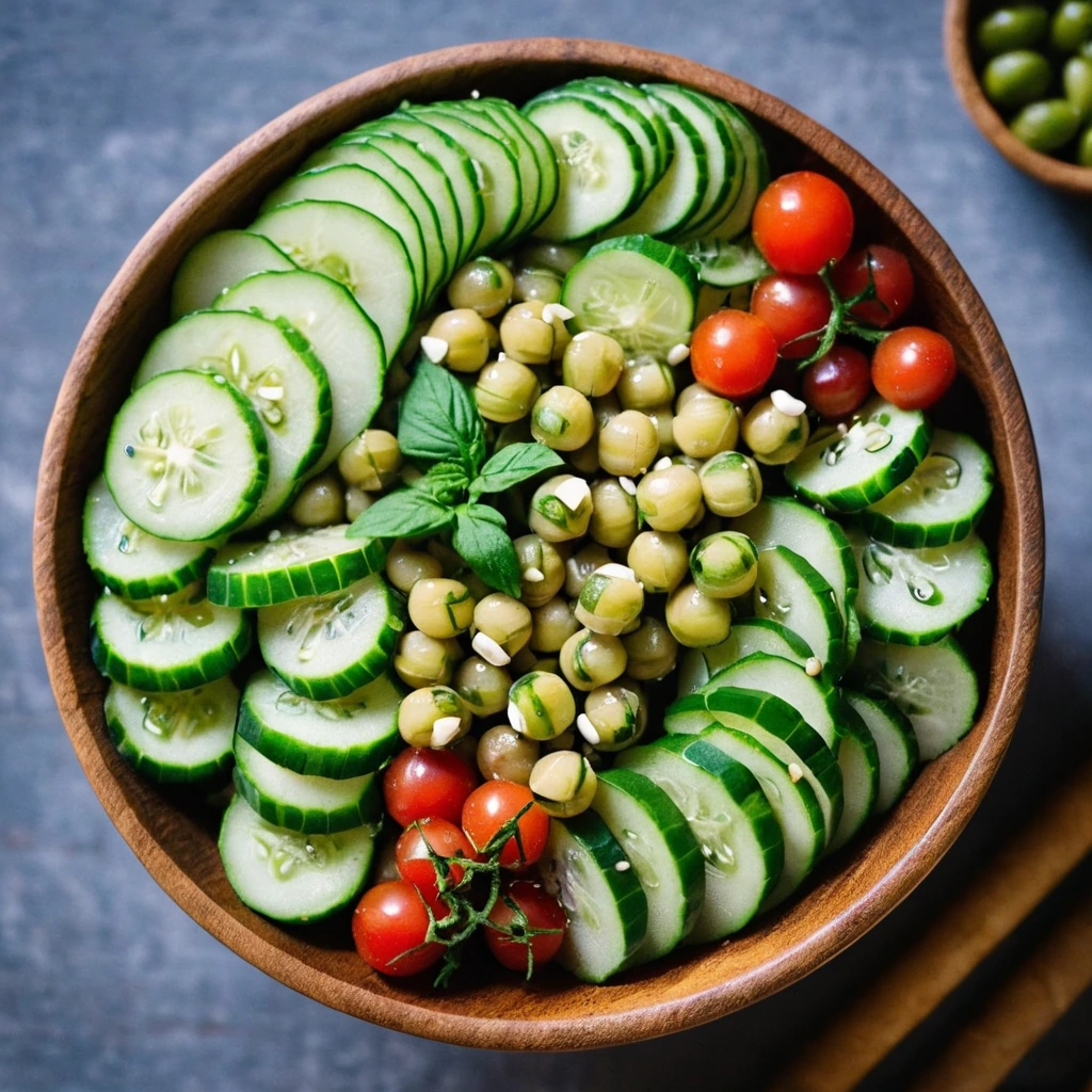 Colorful salad in a wooden bowl with green cucumbers, red tomatoes, and white chickpeas, drizzled with a golden dressing.
