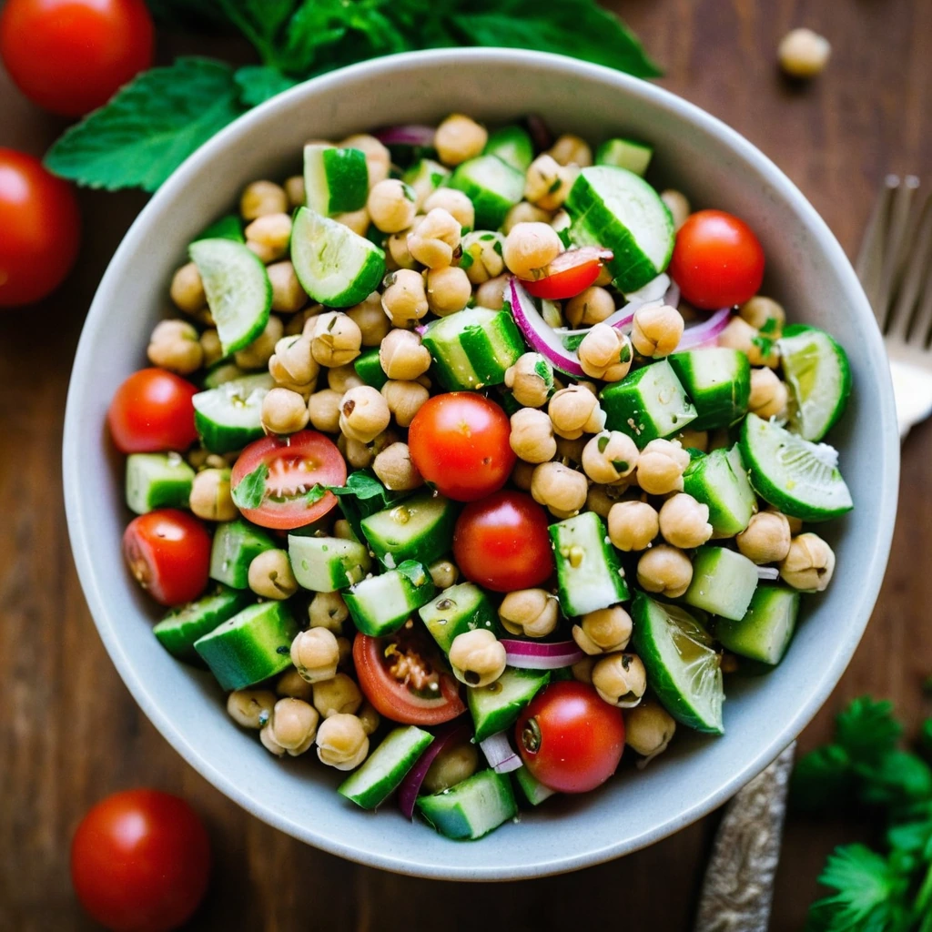 Colorful chopped salad in a bowl with red tomatoes, green cucumbers, and chickpeas, garnished with fresh parsley.
