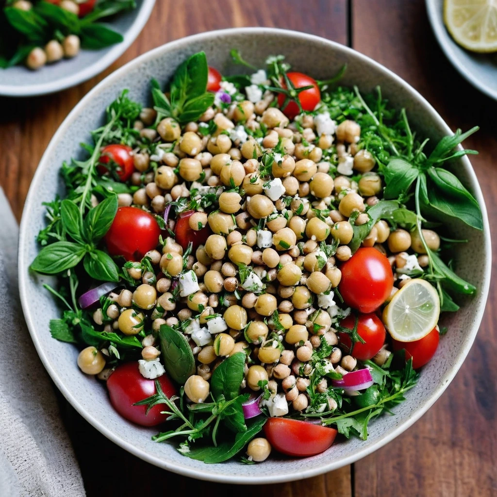 Colorful grain salad in a bowl with green herbs, red bell peppers, and lemon wedges