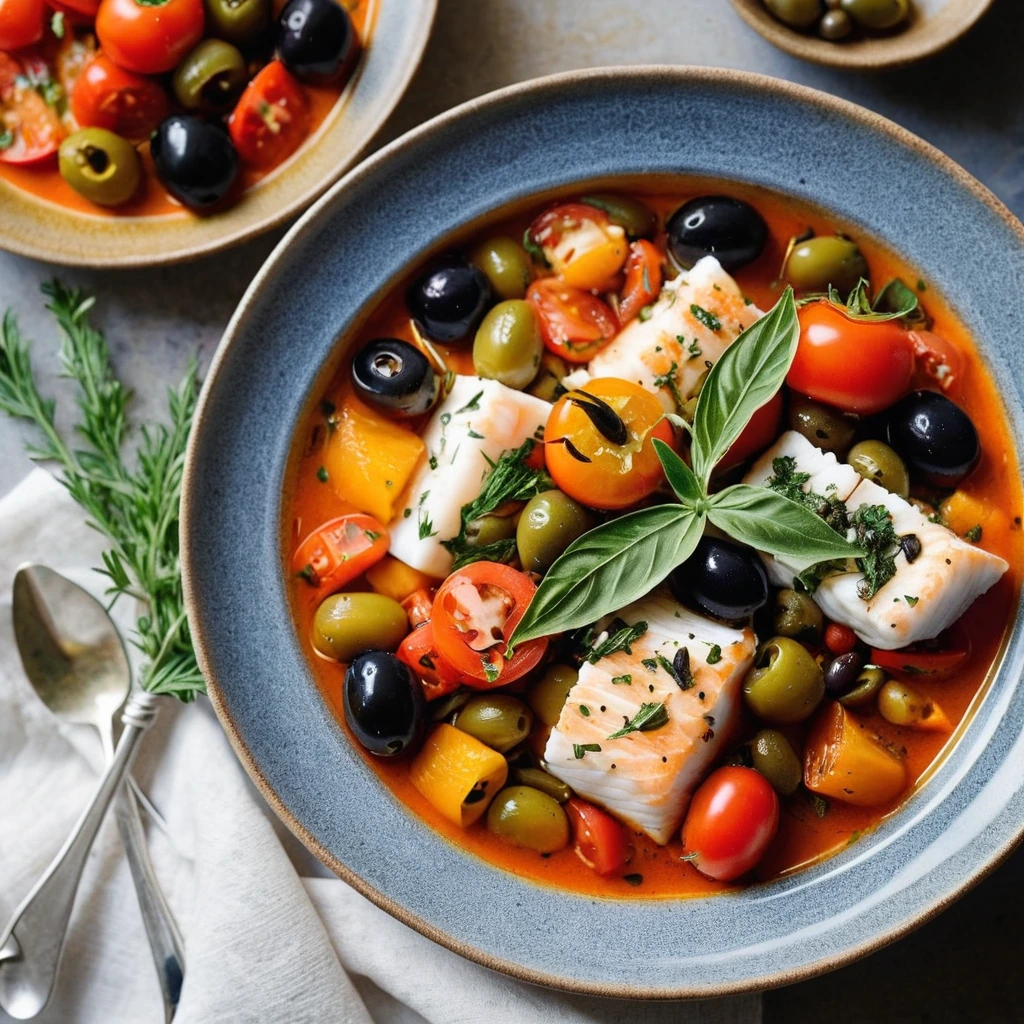 Bowl of vibrant orange and yellow stew with chunks of white cod, red tomatoes, and green olives, sprinkled with fresh parsley.