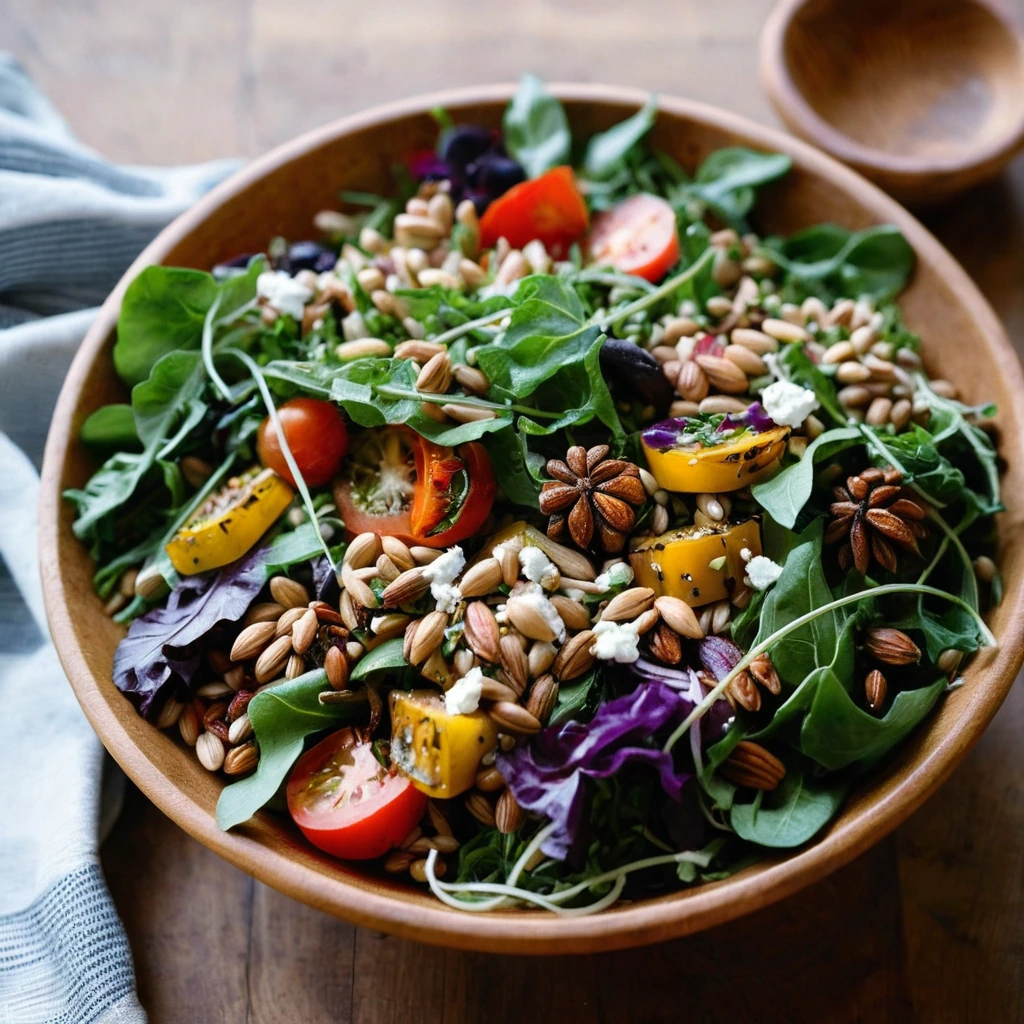 Colorful salad in a wooden bowl with greens, roasted vegetables, and farro
