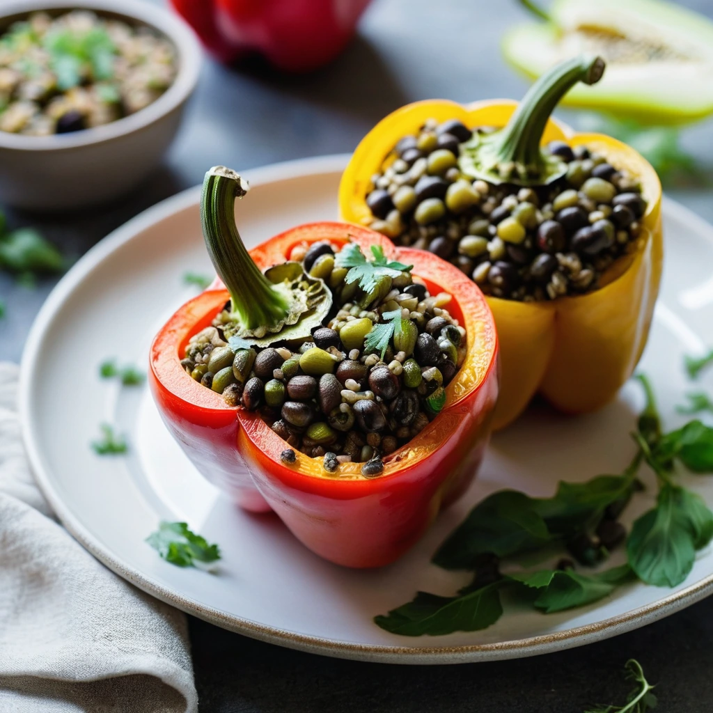 Colorful bell peppers stuffed with a green lentil mixture, topped with feta and fresh herbs on a rustic plate.