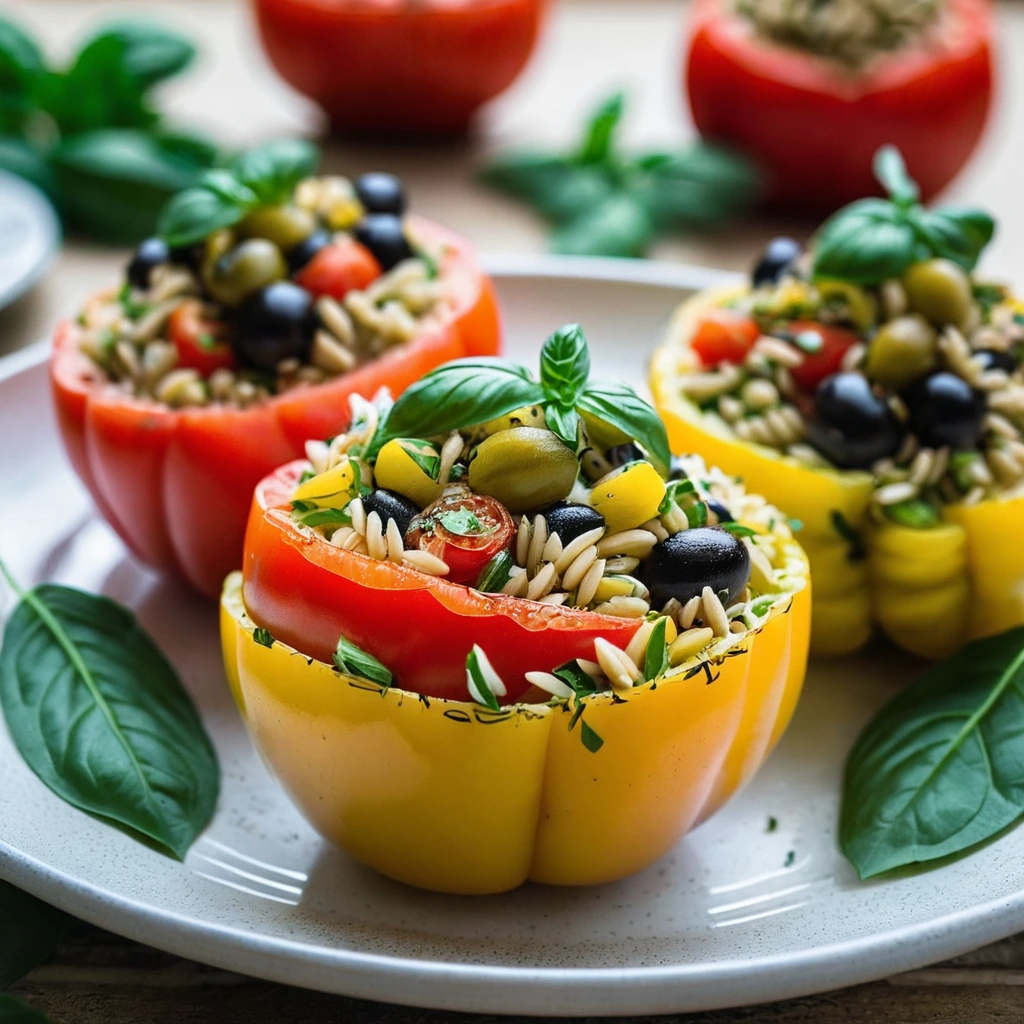 Large tomatoes stuffed with vibrant green and yellow orzo salad, garnished with fresh herbs.