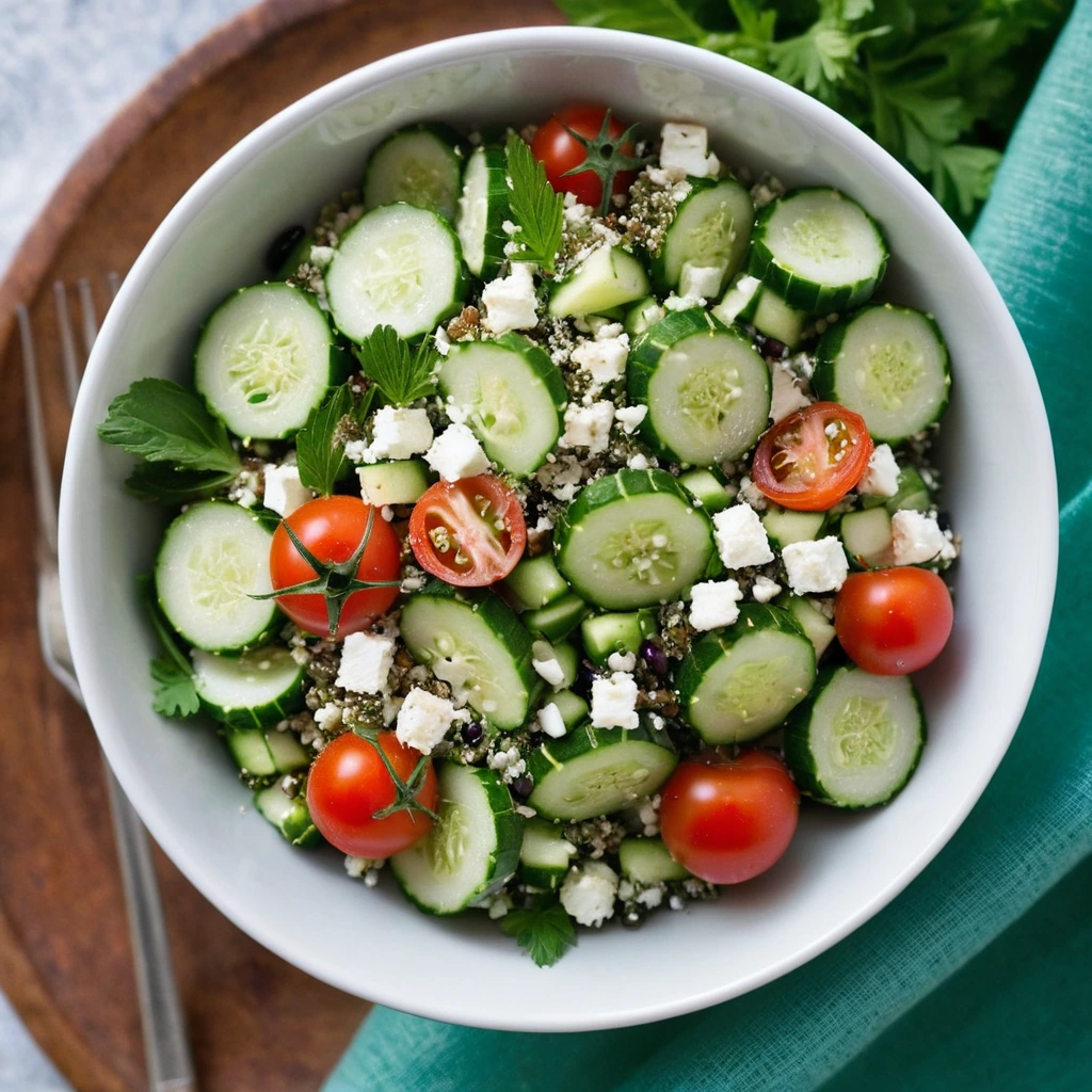 colorful quinoa salad in a bowl with green cucumber, red tomatoes, feta cheese, and fresh herbs