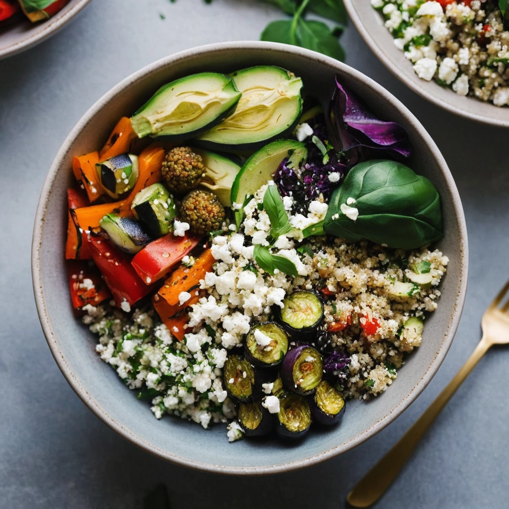 Colorful bowl with quinoa, roasted red peppers, zucchini, and tomatoes drizzled with olive oil and sprinkled with feta
