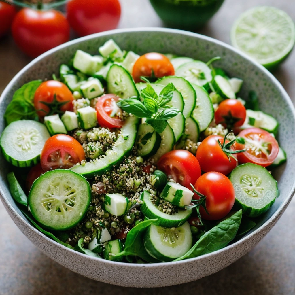 Colorful quinoa salad in a bowl with green cucumbers, red tomatoes, and fresh herbs.