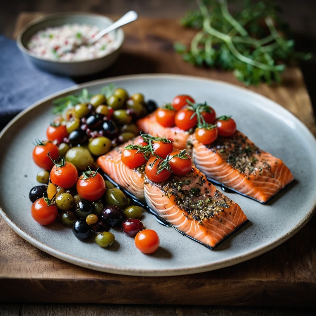 Two plated salmon fillets with a colorful red and green relish, served on a rustic wooden board.
