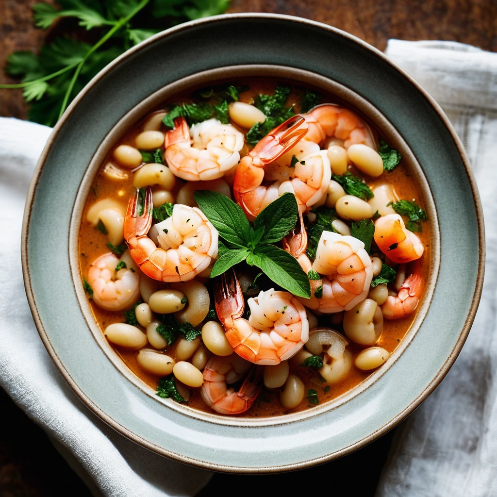 A rustic bowl of vibrant orange and white stew with shrimp and beans, garnished with fresh parsley.