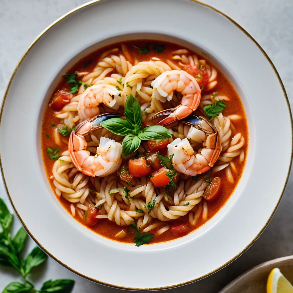 Golden orzo and pink shrimp in a vibrant red tomato broth, garnished with fresh parsley and lemon wedges.