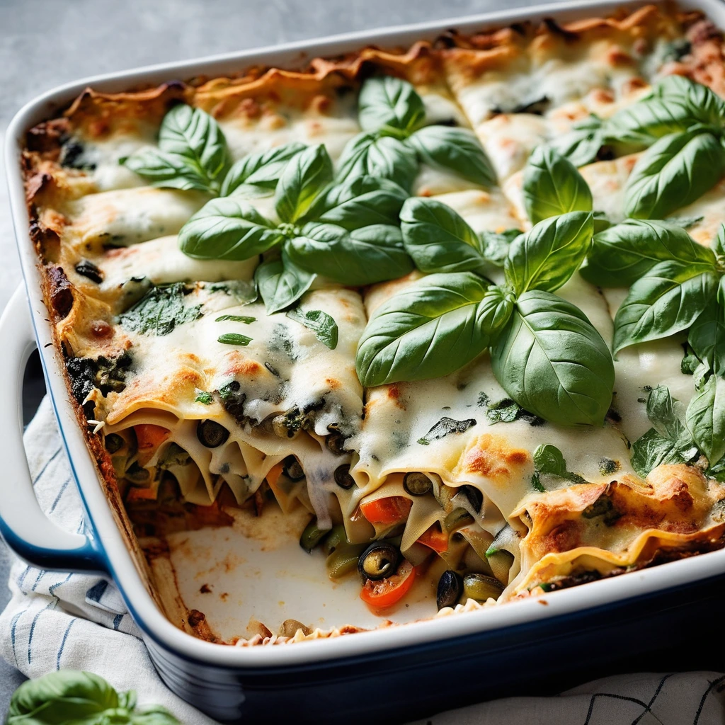 A bubbling casserole dish filled with layered lasagna, vegetables, and melted cheese, topped with fresh basil.