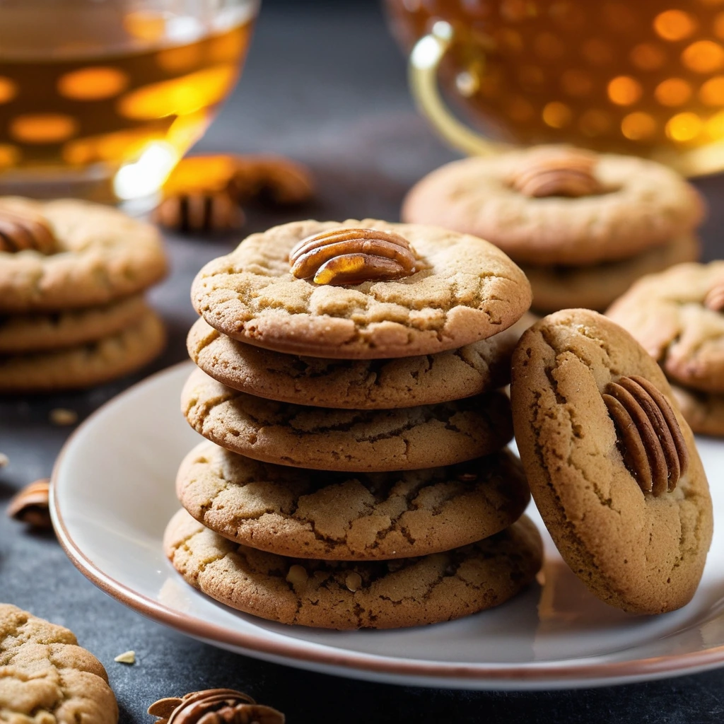 Plate of golden honey cookies with a glossy sheen, sprinkled with walnuts and cinnamon.