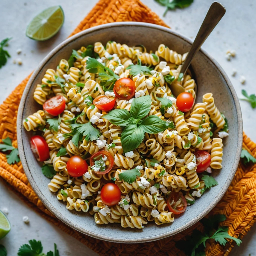 Colorful pasta salad with golden grilled corn, red tomatoes, and cilantro in a creamy orange sauce