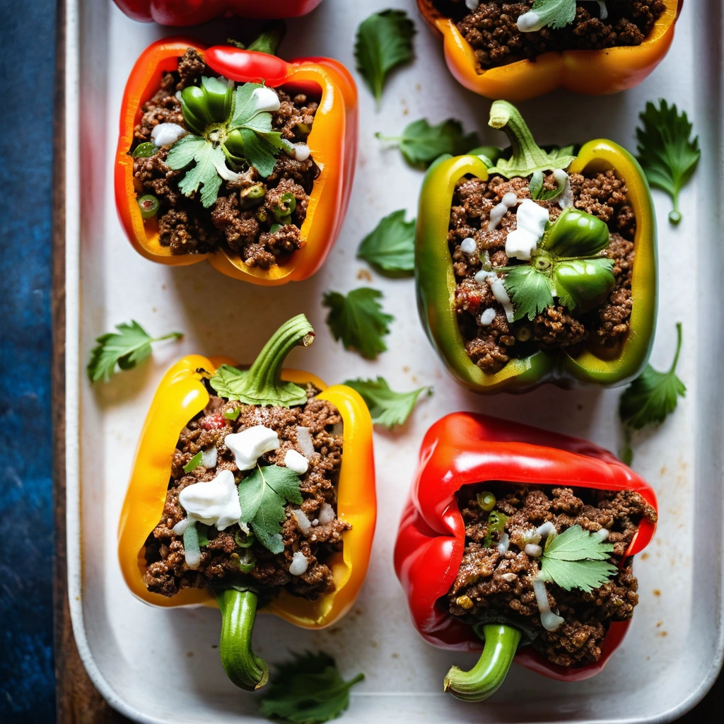 Four colorful bell peppers filled with ground beef mixture, topped with melted cheese, served on a baking sheet.