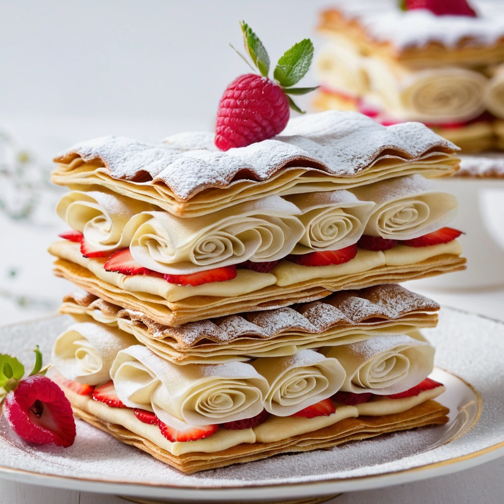 Golden layers of puff pastry filled with smooth vanilla cream, dusted with powdered sugar.