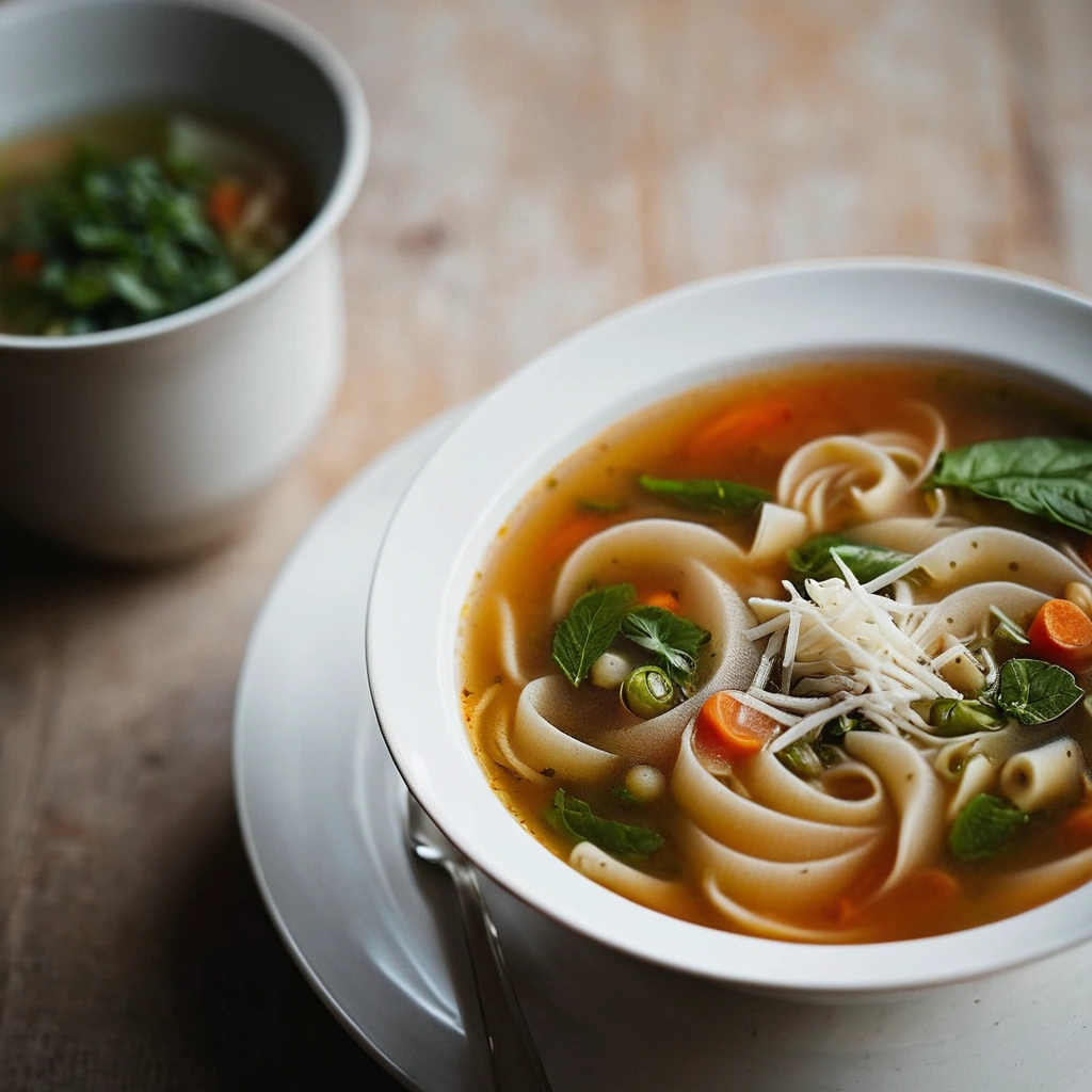 Steaming bowl of minestrone soup with a swirl of Parmesan on top