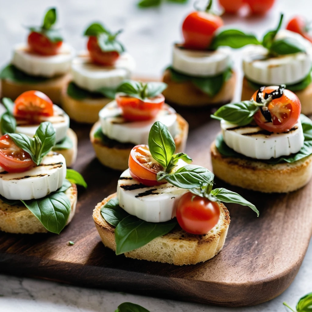 Golden toasted mini bread rounds topped with red tomato slices, white mozzarella, green basil leaves, and a dark balsamic drizzle.