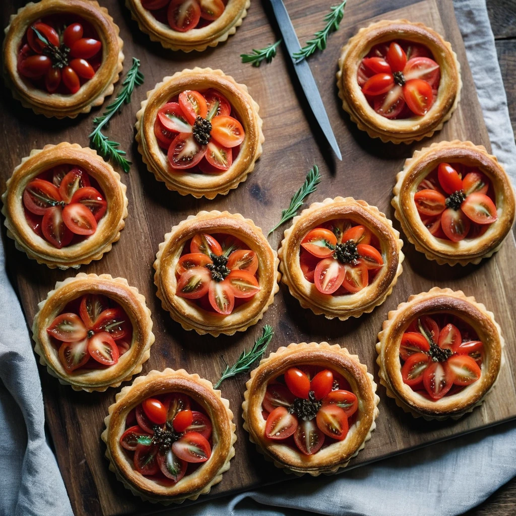 Mini golden puff pastry tarts filled with red tomato slices arranged on a rustic wooden board.