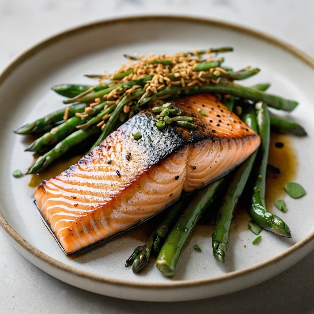 Plated salmon fillet with a glossy miso glaze alongside a pile of charred green beans, all vibrant and appetizing.